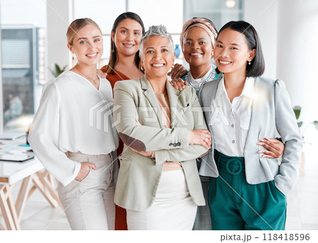 Portrait, diversity and business women support, teamwork and group empowerment for office leadership. Career hug and solidarity of asian, black woman and senior people or employees at global company Portrait, diversity and business women support, teamwork and group empowerment for office leadership. Career hug and solidarity of asian, black woman and senior people or employees at global company 118418596