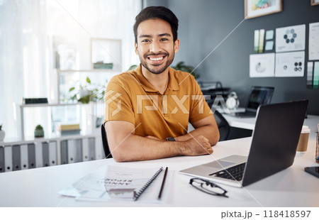 Happy, smile and portrait of a businessman in the office with a laptop working on a corporate project. Happiness, confidence and professional male employee doing research on computer in the workplace Happy, smile and portrait of a businessman in the office with a laptop working on a corporate project. Happiness, confidence and professional male employee doing research on computer in the workplace 118418597