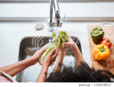 Hands, kid and parent by sink, vegetables or above for cleaning, faucet or water for teaching, cooking or home. Person, child and ready for preparation, start or helping hand with nutrition in family 118418621