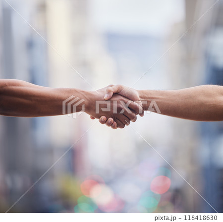 Closeup, handshake and people meeting outdoor for introduction, agreement and support of deal, partnership or welcome. Thank you, greeting and shaking hands for hello, networking and trust of success 118418630