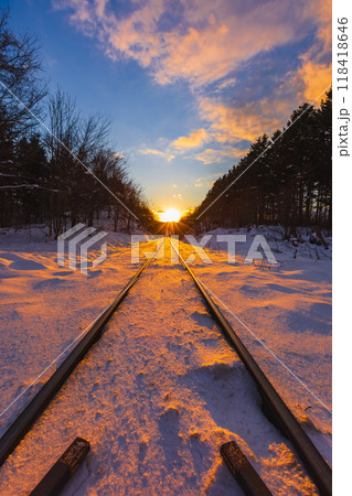夕日に向かう線路 118418646