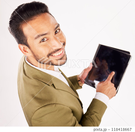 Face of man, portrait and screen of tablet in studio, white background and mockup data information from above. Happy asian trader with digital technology, space and sign up to stock market newsletter 118418667