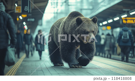 駅のホームを歩くクマ 118418808
