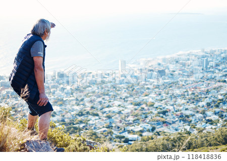 Hiking, looking and senior man explore a city view for on an adventure, workout and fitness in Cape Town. Training, exercise and elderly person search on a mountain for health and wellness Hiking, looking and senior man explore a city view for on an adventure, workout and fitness in Cape Town. Training, exercise and elderly person search on a mountain for health and wellness 118418836