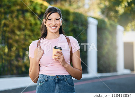 Travel, coffee and happy woman portrait by a city building with freedom on a urban in summer. Relax, smile and morning drink of a young person on vacation with happiness and backpack outdoor Travel, coffee and happy woman portrait by a city building with freedom on a urban in summer. Relax, smile and morning drink of a young person on vacation with happiness and backpack outdoor 118418854