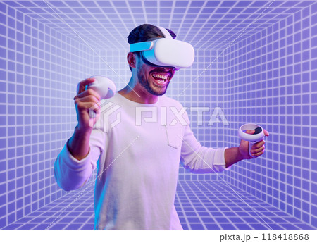 Futuristic, gaming or man in metaverse on purple background with hand vr controllers in neon studio. Wow, virtual reality user or happy fantasy gamer person in cyber 3d ai digital scifi experience 118418868