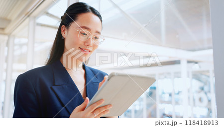 Happy asian business woman, tablet and office for planning online report, search information and app. Corporate employee scroll on digital technology, social networking and update data for innovation Happy asian business woman, tablet and office for planning online report, search information and app. Corporate employee scroll on digital technology, social networking and update data for innovation 118418913