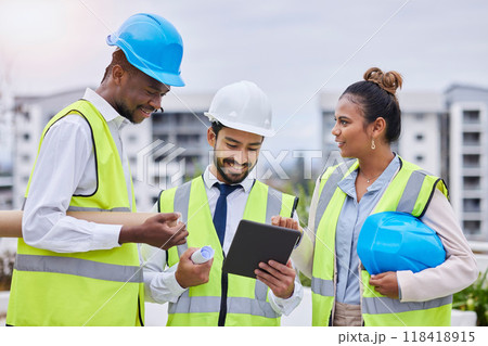 Construction site, digital tablet and team of engineers at building creative, planning and vision. Design, teamwork and architect group online for thinking, problem solving and engineering on mockup Construction site, digital tablet and team of engineers at building creative, planning and vision. Design, teamwork and architect group online for thinking, problem solving and engineering on mockup 118418915