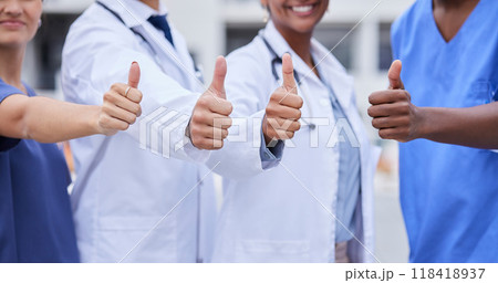 Doctor, thumbs up and medical teamwork with hands, smile or support for healthcare, wellness and mockup. Group, doctors and diversity with yes sign, team building or vision with solidarity for health Doctor, thumbs up and medical teamwork with hands, smile or support for healthcare, wellness and mockup. Group, doctors and diversity with yes sign, team building or vision with solidarity for health 118418937