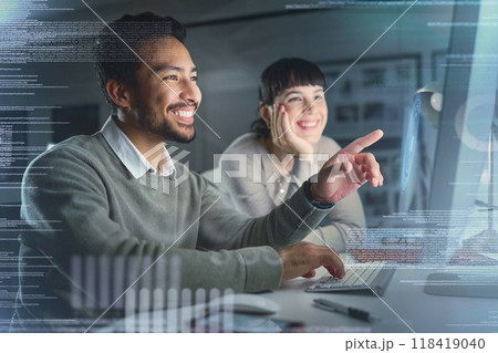 Business people smile, code with partnership and information technology with computer for coding overlay. Collaboration with software development, team meeting and man with woman in office typing Business people smile, code with partnership and information technology with computer for coding overlay. Collaboration with software development, team meeting and man with woman in office typing 118419040