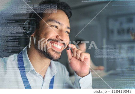 Call center, digital overlay and face of man on computer in customer support, telemarketing and crm network. Communication hologram, contact us and male with headset help, smile and consulting client 118419042