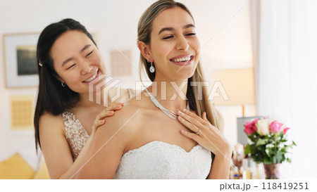 Friends, women and bride at wedding, help with necklace and luxury, wealth and happiness at event. Bridesmaid, support and trust, beauty and fashion with diamond chain, silver jewelry and celebration Friends, women and bride at wedding, help with necklace and luxury, wealth and happiness at event. Bridesmaid, support and trust, beauty and fashion with diamond chain, silver jewelry and celebration 118419251