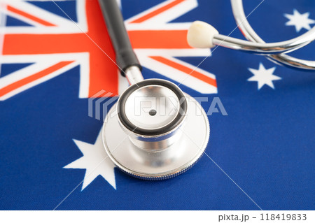 Stethoscope on Australia flag, Business and finance. flag, Business and finance. flag, Business and finance. 118419833