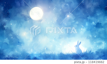 幻想的な満月の夜とウサギの水彩イラスト背景 幻想的な満月の夜とウサギの水彩イラスト背景 118419882