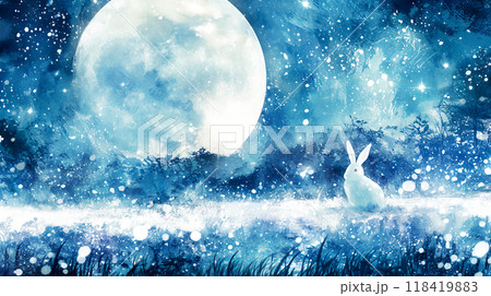 幻想的な満月の夜とウサギの水彩イラスト背景 118419883