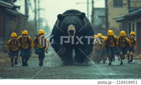 巨大なクマが小学生のグループを襲う 118419951