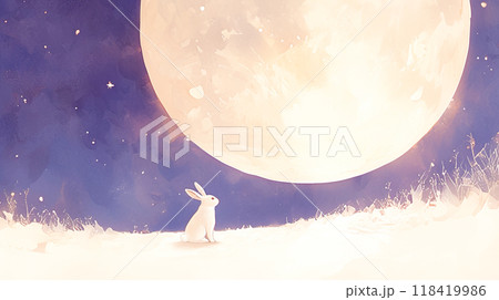 幻想的な満月の夜とウサギの水彩イラスト背景 118419986