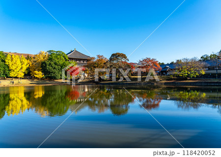 【奈良県】東大寺の大仏池を彩る鮮やかな紅葉 118420052