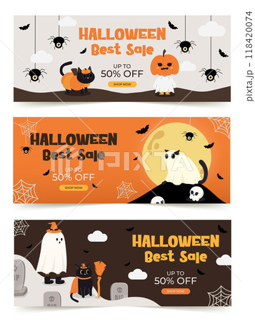 Halloween sale banners with spooky elements. Vector illustrations. 118420074