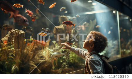 Amazed young boy looking at a exotic fish in aquarium.Generate AI 118420350