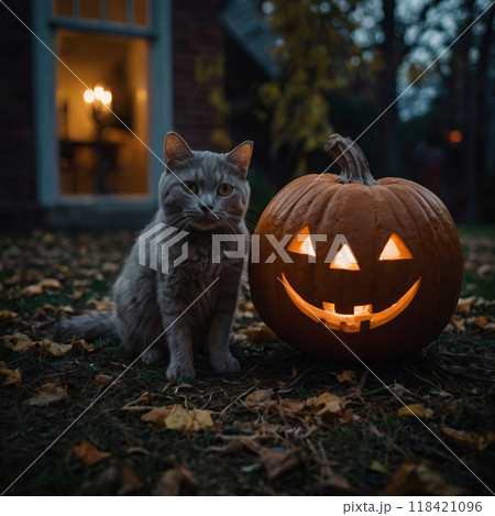 Gray cat with a Halloween glowing pumpkin Gray cat with a Halloween glowing pumpkin 118421096