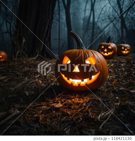 Lots of Halloween pumpkins in a dark forest Lots of Halloween pumpkins in a dark forest 118421130