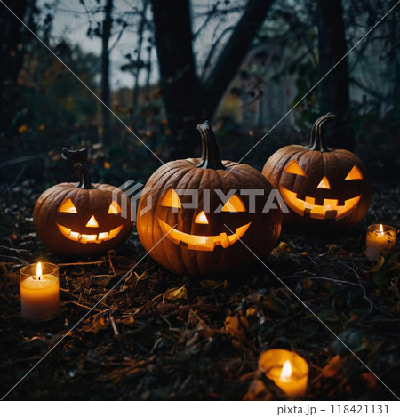 Lots of Halloween pumpkins in a dark forest 118421131
