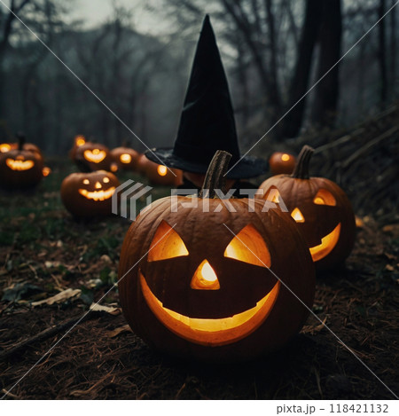 Lots of Halloween pumpkins in a dark forest Lots of Halloween pumpkins in a dark forest 118421132
