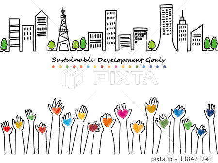 SDGs17色のハートを持つ手と街並みの手描き線画 118421241