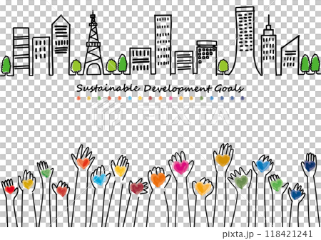 SDGs17色のハートを持つ手と街並みの手描き線画 118421241