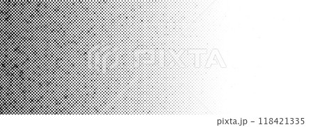Grunge halftone gradient background. Fading grit noise texture. Black sand particle wallpaper. Retro pop art pixel backdrop. Anime or manga comic overlay. Vector dots and speckles vanishing print 118421335