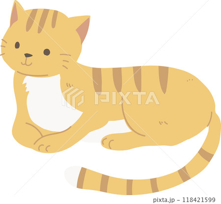 Adorable Kawaii Style Orange Cat Sitting and Lying on the Ground. Cartoon Illustration for Cat Lovers Adorable Kawaii Style Orange Cat Sitting and Lying on the Ground. Cartoon Illustration for Cat Lovers 118421599