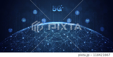 5G network wireless systems and internet technology concept. smart city communication network. 5G wireless mobile internet wifi connection data concept. vector. 118421667