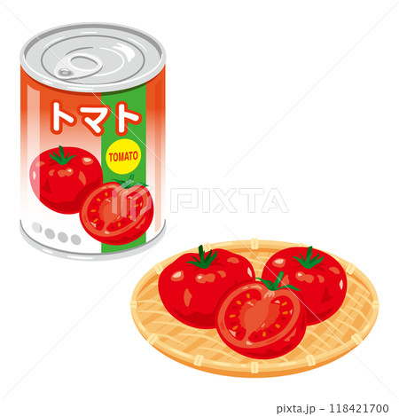 トマトの缶詰とザルに盛られたトマト 118421700