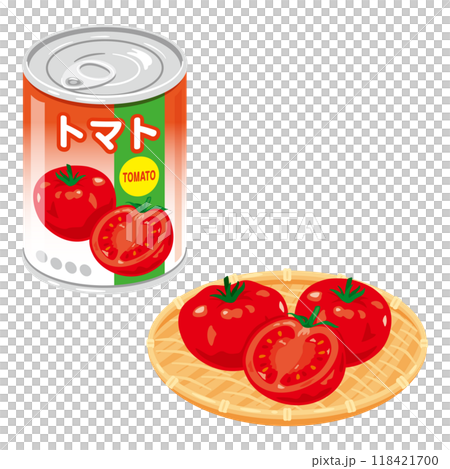 トマトの缶詰とザルに盛られたトマト 118421700