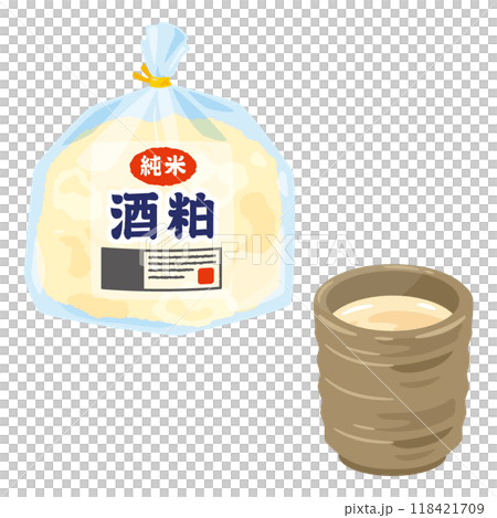 袋に入った酒粕と湯呑みに入った甘酒 118421709