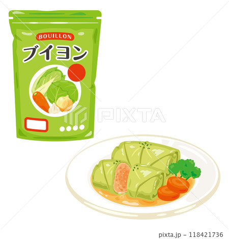 パック入りのブイヨンと皿に盛られたロールキャベツ パック入りのブイヨンと皿に盛られたロールキャベツ 118421736