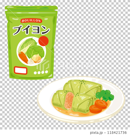 パック入りのブイヨンと皿に盛られたロールキャベツ パック入りのブイヨンと皿に盛られたロールキャベツ 118421736