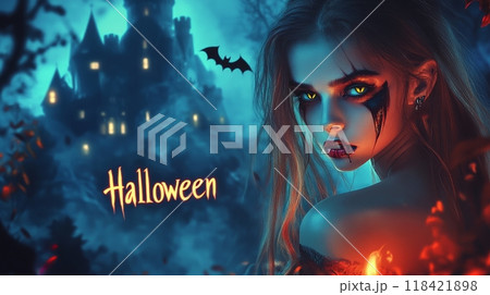 Halloween vampire woman. "Halloween" inscription Halloween vampire woman. "Halloween" inscription 118421898