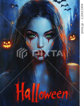 Halloween vampire woman. "Halloween" inscription 118421904