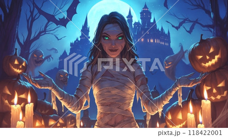 woman mummy for halloween. inscription "halloween" woman mummy for halloween. inscription "halloween" 118422001