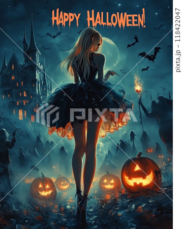 vampire woman on the background of the castle halloween. 118422047