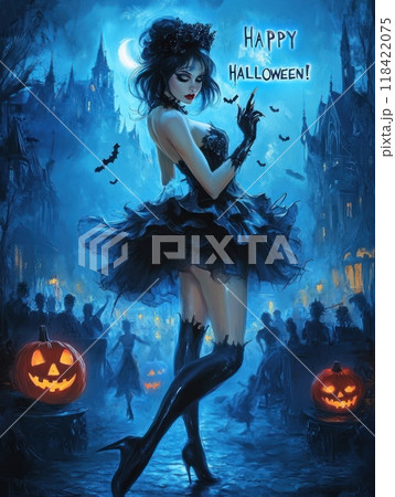 vampire woman on the background of the castle halloween. 118422075