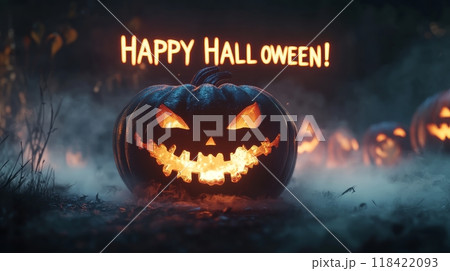 pumpkin with a smile for halloween. The inscription "HAPPY HALLOWEEN" pumpkin with a smile for halloween. The inscription "HAPPY HALLOWEEN" 118422093