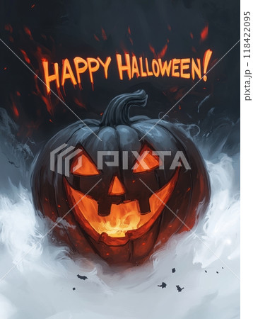 pumpkin with a smile for halloween. The inscription "HAPPY HALLOWEEN" 118422095