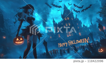 vampire woman on the background of the castle halloween. 118422096