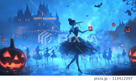 vampire woman on the background of the castle halloween. 118422097