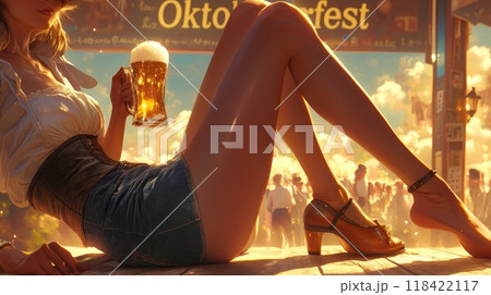 woman with beer at Oktoberfest. inscription "Oktoberfest" 118422117