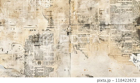 Grunge old yellow newspaper texture background wallpaper. Backdrop, weathered, worn out, abstract, tattered, artistic collage, paper, detailed composition 118422672