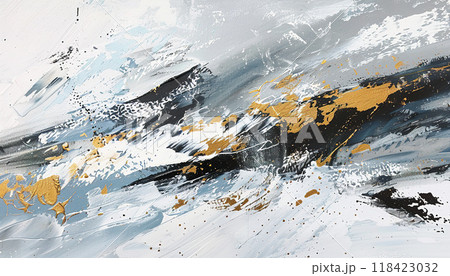 Abstract black, gold oil acrylic painting background wallpaper backdrop. Expressive art paint, flow, copy space, splatter, brush strokes, white, vivid bright colors 118423032